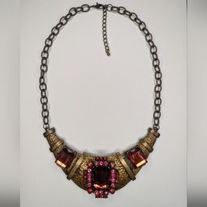 Bronze brass necklace costume jewelry with ruby color gems